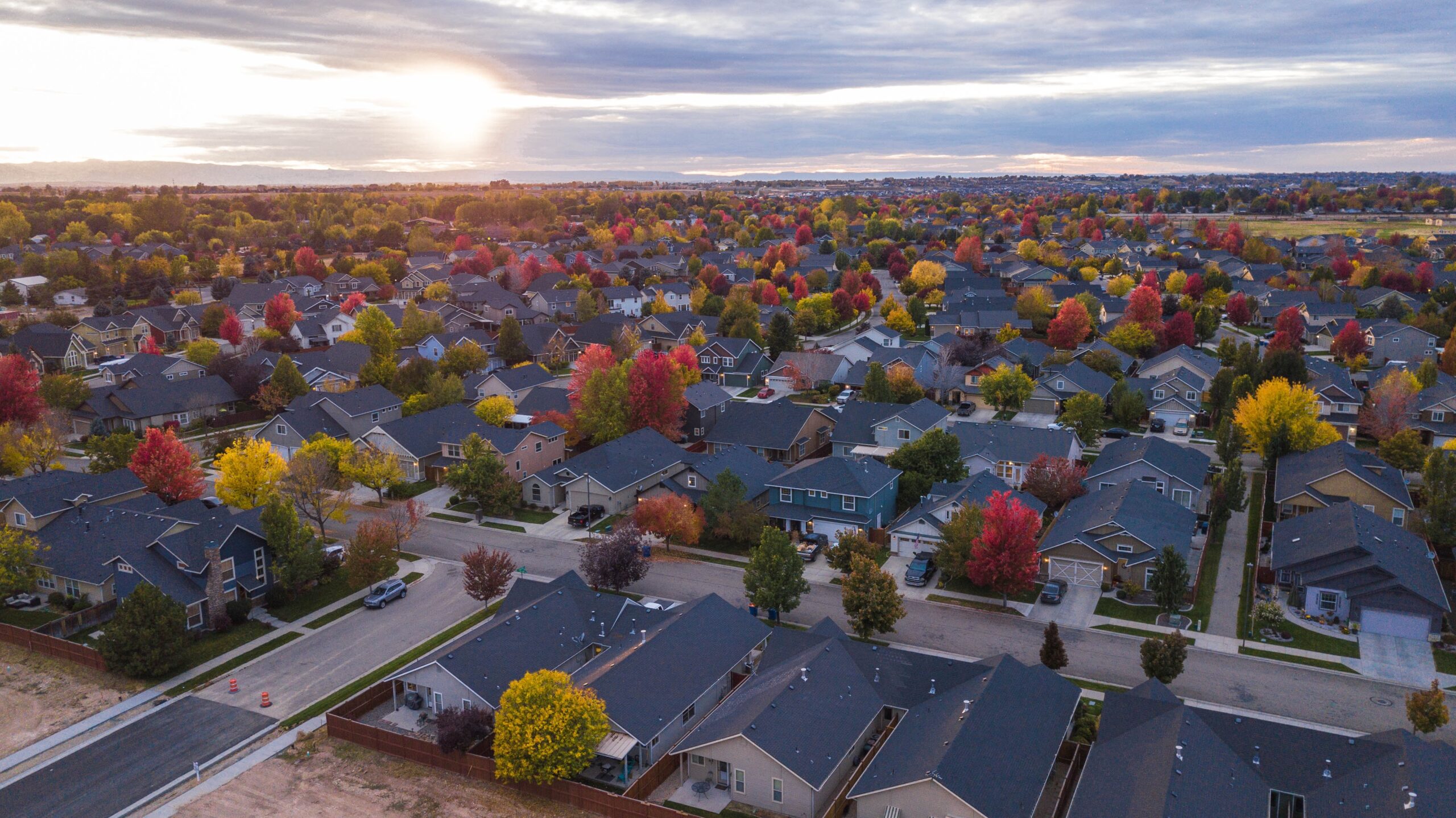 Aerial view of a suburban neighborhood.